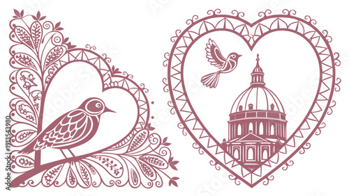 Valentine pink border and frame collection. Ornate heart-shaped lace templates, romantic vintage for wedding cards, love invitations and feminine decorations