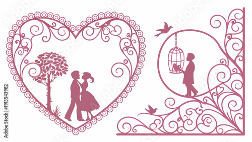 Valentine pink border and frame collection. Ornate heart-shaped lace templates, romantic vintage for wedding cards, love invitations and feminine decorations