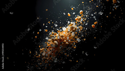 A dramatic explosion of salt and pepper on a black background