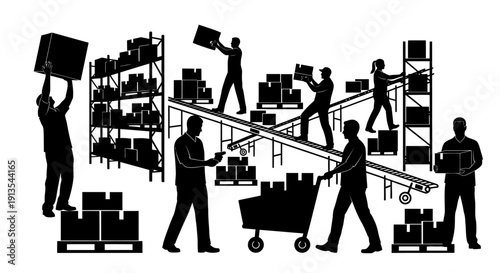 Warehouse workers efficiently organizing and transporting boxes via shelving and conveyor systems in an industrial environment