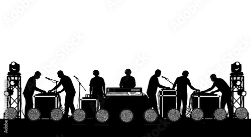 Musicians performing on stage with various instruments and equipment from a front viewpoint
