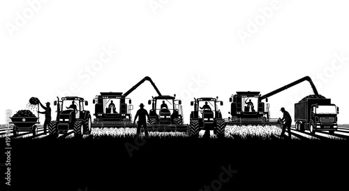 Agricultural machinery operating in a field with workers present, viewed from the side in a graphic illustration