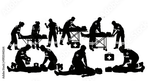 Medical professionals attending to patients on stretchers and on the ground in various emergency response scenes