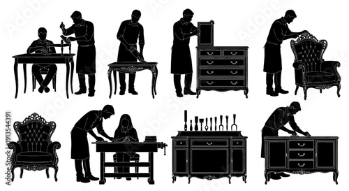 Silhouetted figures cleaning and organizing furniture in various rooms from an overhead viewpoint