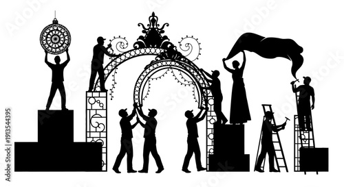 People decorating an ornate archway with lights and drapes for a festive event or celebration at night