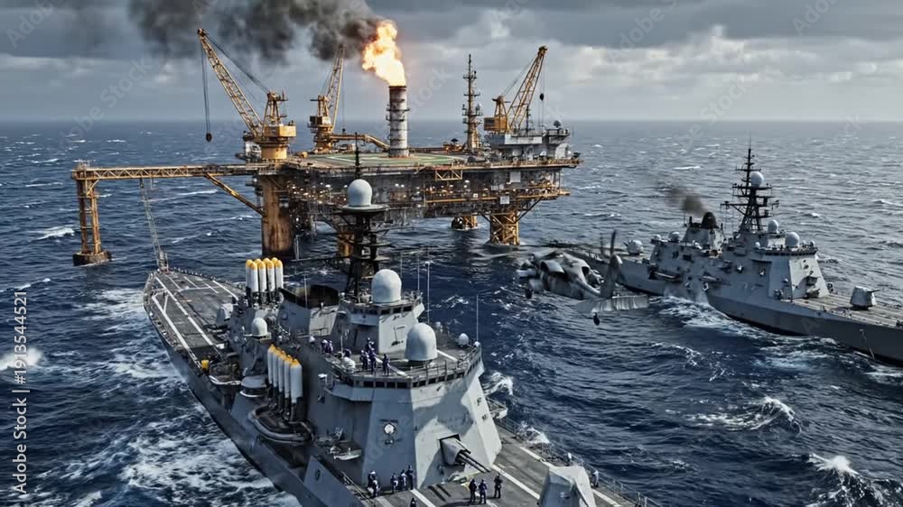 Naval Oil Rigs Naval warships patrolling near an offshore oil rig with a burning flare ...