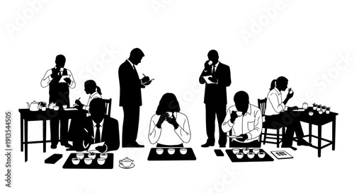 Group of people gathered around tables examining chessboards in a room with standing observers
