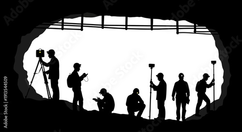 Photographers capturing scene from unique vantage points within an underground location