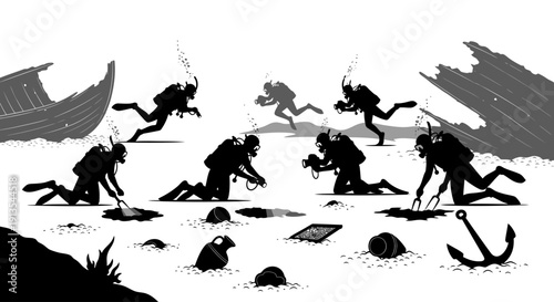 Treasure Hunters Digging on Beach with Ancient Boats in Background, Silhouette Illustration