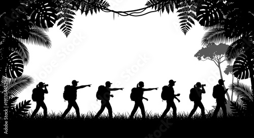 Soldiers marching in single file through dense jungle terrain with foliage overhead