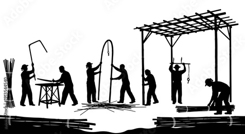 Workers constructing a wooden structure with various tools and materials