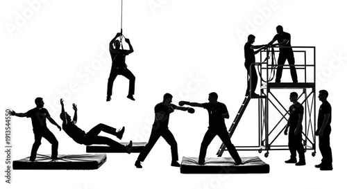 Silhouetted figures constructing a scaffolding structure with one person suspended in mid-air
