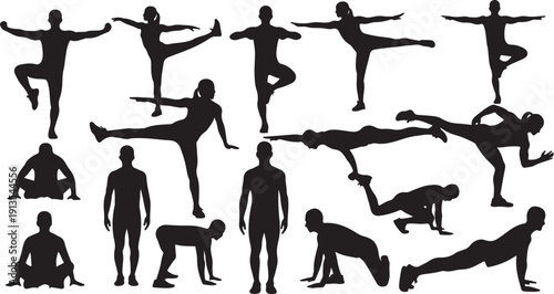 Yoga poses for flexibility and balance in silhouette form