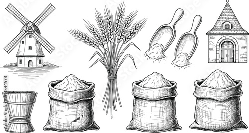 Hand Drawn Wheat and Flour Collection Vector, Grain Sack, Windmill, Wooden Scoop, Bakery Ingredients, Vintage Sketch Agriculture Illustration, Farm Elements