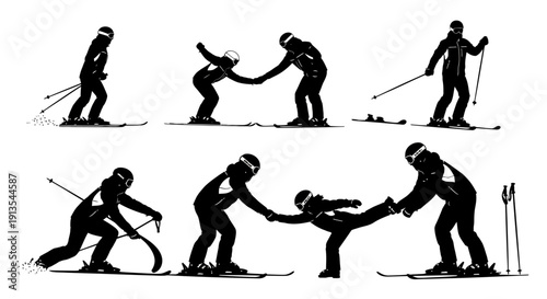 Skiers Helping Each Other on the Slopes in Various Positions and Actions