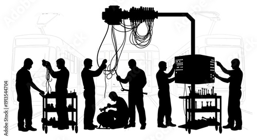 Technicians assembling complex machinery with various tools and equipment in an industrial setting