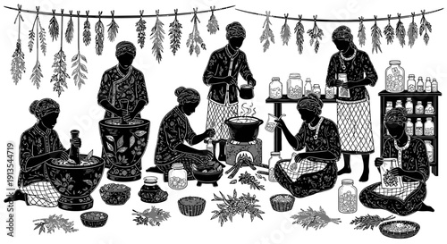 Traditional Herbal Medicine Preparation Scene with People Working Together in a Village Setting