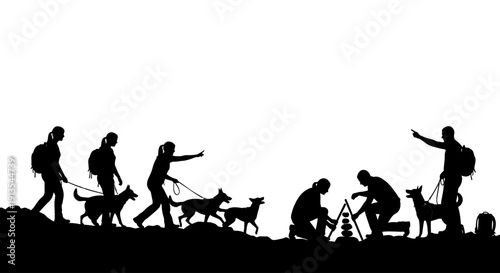 People hiking with dogs in a landscape viewed from a distance