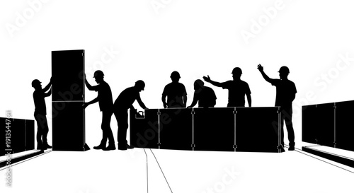 Group of people collaborating and moving large objects together in a modern minimalist environment from a straight-on viewpoint