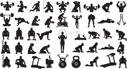 Fitness icons set with various exercise silhouettes and equipment