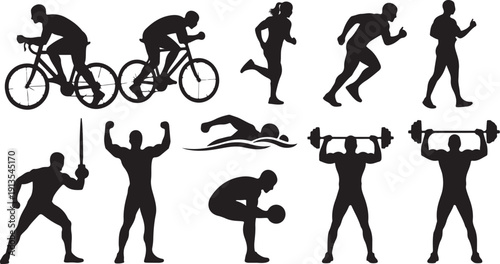 Silhouettes of people engaging in various sports activities together