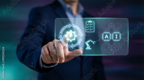 A businessman's hand points to a holographic display icons of artificial intelligence, automation, and iterative processes, signifying digital and advanced technological innovation in business.