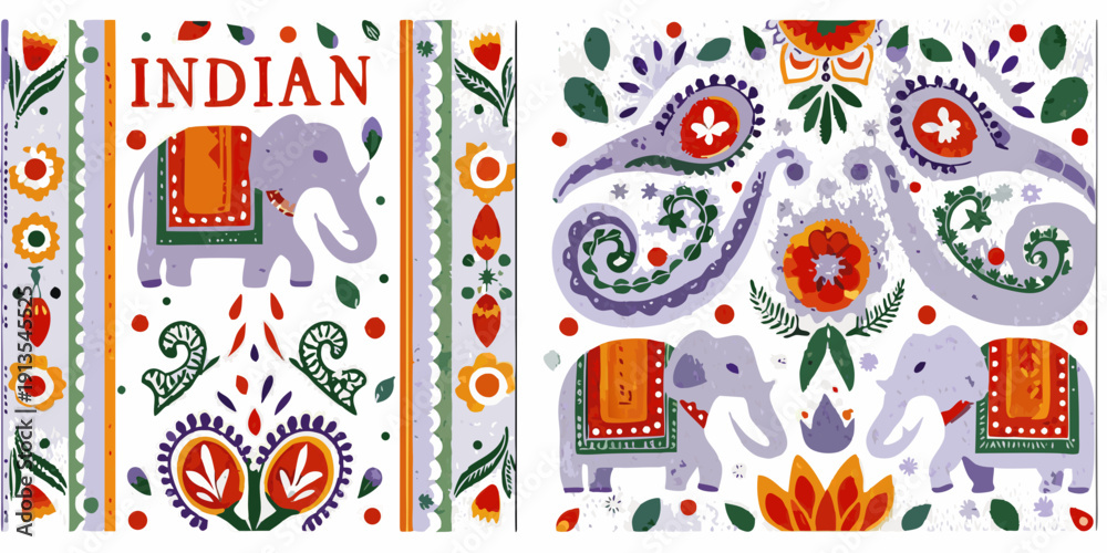 Naklejka premium Colorful indian patterns featuring elephants flowers and paisley designs