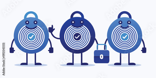Three padlock characters with checkmarks in a security concept