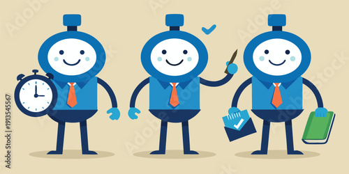Three cartoon businessmen with clocks and office supplies smiling