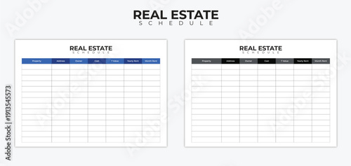 Real estate schedule template set, property management tracker sheet, rental income record, investment portfolio ledger, printable business document.