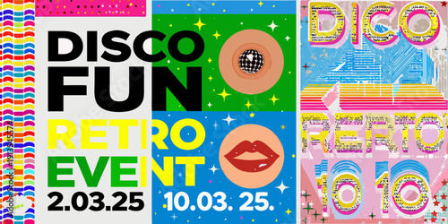 Colorful disco themed event poster with retro typography and graphic elements