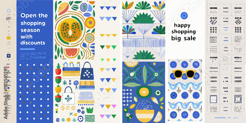 Colorful abstract shopping sale promotion with fruit and geometric patterns