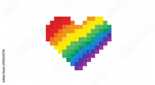 Vibrant pixelated rainbow heart symbol on white background representing love and diversity with lgbtq pride colors conveying acceptance and inclusivity