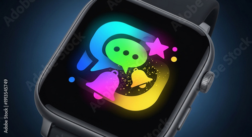 Smartwatch screen displays whatsapp notification with colorful icons and stars on dark background