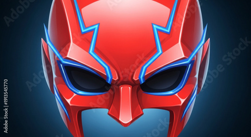 Close up of a red superhero mask with blue accents and a dark background symbolizing power and mystery