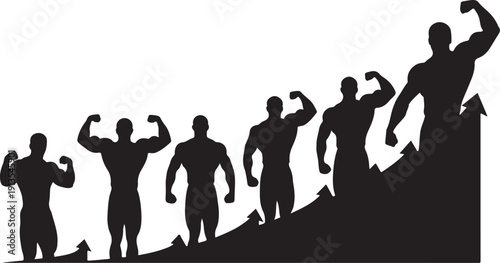 Silhouettes of muscular men climbing up a mountain peak