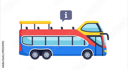 Colorful double decker bus with information speech bubble on white background