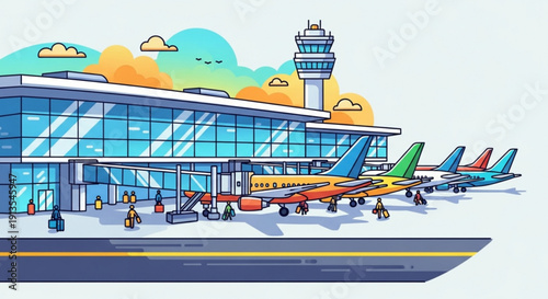 Airplanes parked at a modern airport terminal with control tower travelers and luggage carts on tarmac
