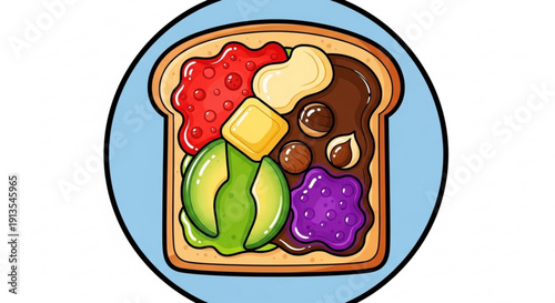 Colorful toast with fruit and chocolate spread on a plate breakfast or snack concept
