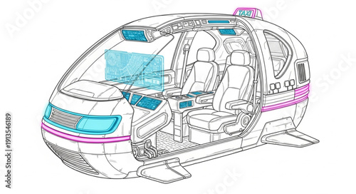Futuristic Autonomous Vehicle Interior Design Blueprint.