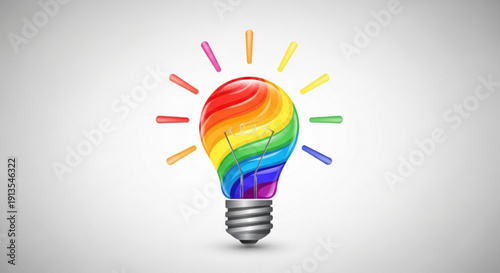 Vibrant rainbow light bulb with colorful rays on white background symbolizing creativity and innovation