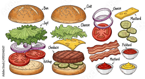 Assembling a cheeseburger with various toppings and condiments on a bun, viewed from directly above
