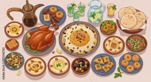 Feast with roasted chicken, dips, and various dishes on a table viewed from above