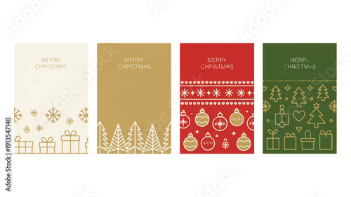 A Set of Four Minimalist Christmas Greeting Cards Featuring Festive Icons and Decorative Borders