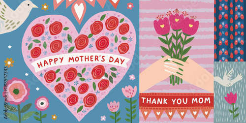 A colorful mother s day card with hearts flowers and doves