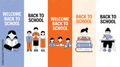 A vibrant collection of minimalist vector illustrations featuring diverse students engaged in learning and academic preparation for the new school term