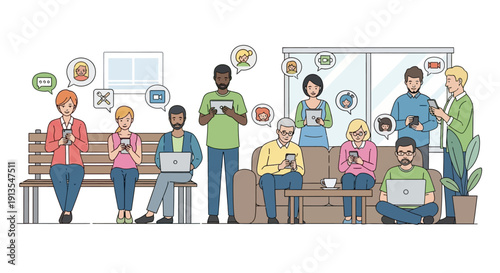 Diverse group of people using smartphones and laptops, connected by social media icons