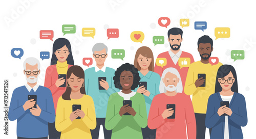 Diverse group of people using smartphones with social media icons floating around