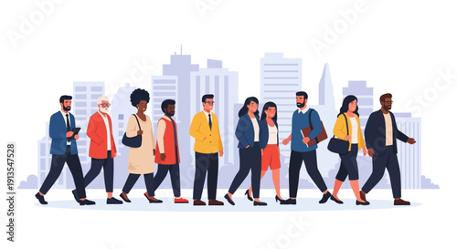 Diverse group of people walking on city street, business and casual attire, urban background