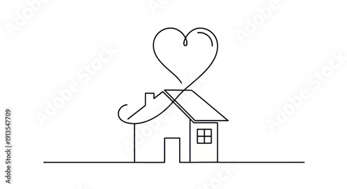 Minimalist house outline with heart symbol, love home concept, single line drawing